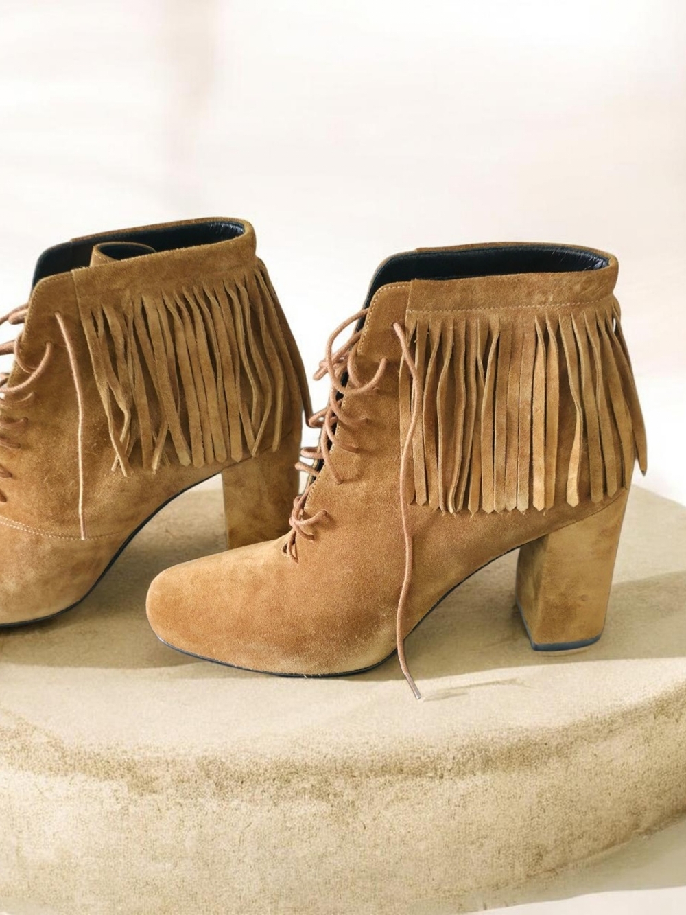 Yves Saint Laurent Tan Suede Fringe Lace-Up Ankle Boots